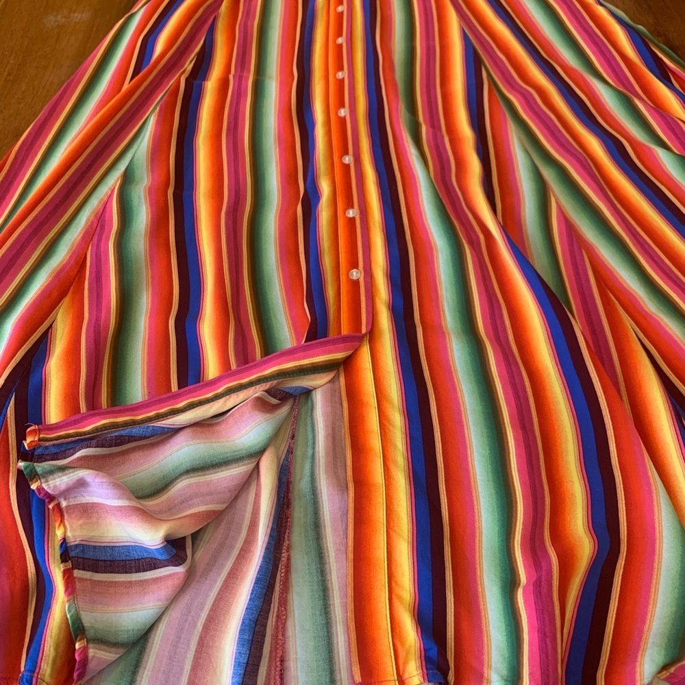 Philosophy Dress 14 Vibrant Rainbow Striped Maxi Button up 3/4 Sleeves Highwaist - Picture 4 of 14